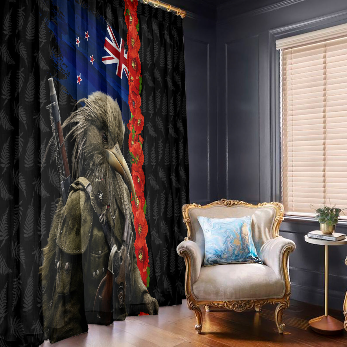 New Zealand Kiwi Soldier ANZAC Window Curtain Red Poppy Flower and Silver Fern Pattern