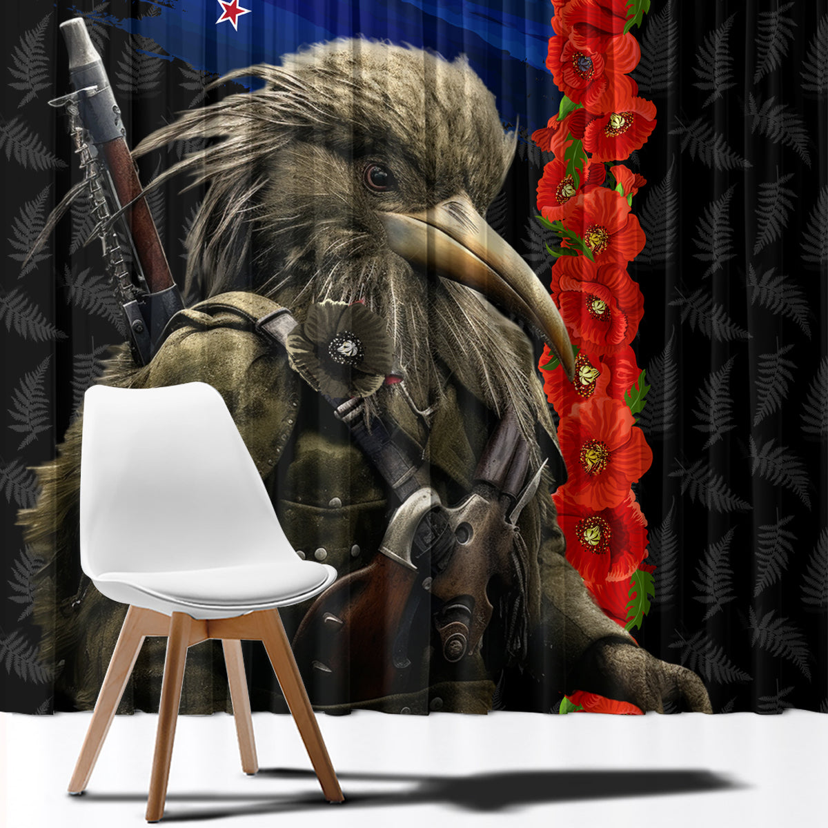New Zealand Kiwi Soldier ANZAC Window Curtain Red Poppy Flower and Silver Fern Pattern