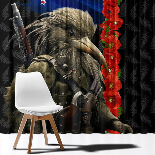 New Zealand Kiwi Soldier ANZAC Window Curtain Red Poppy Flower and Silver Fern Pattern