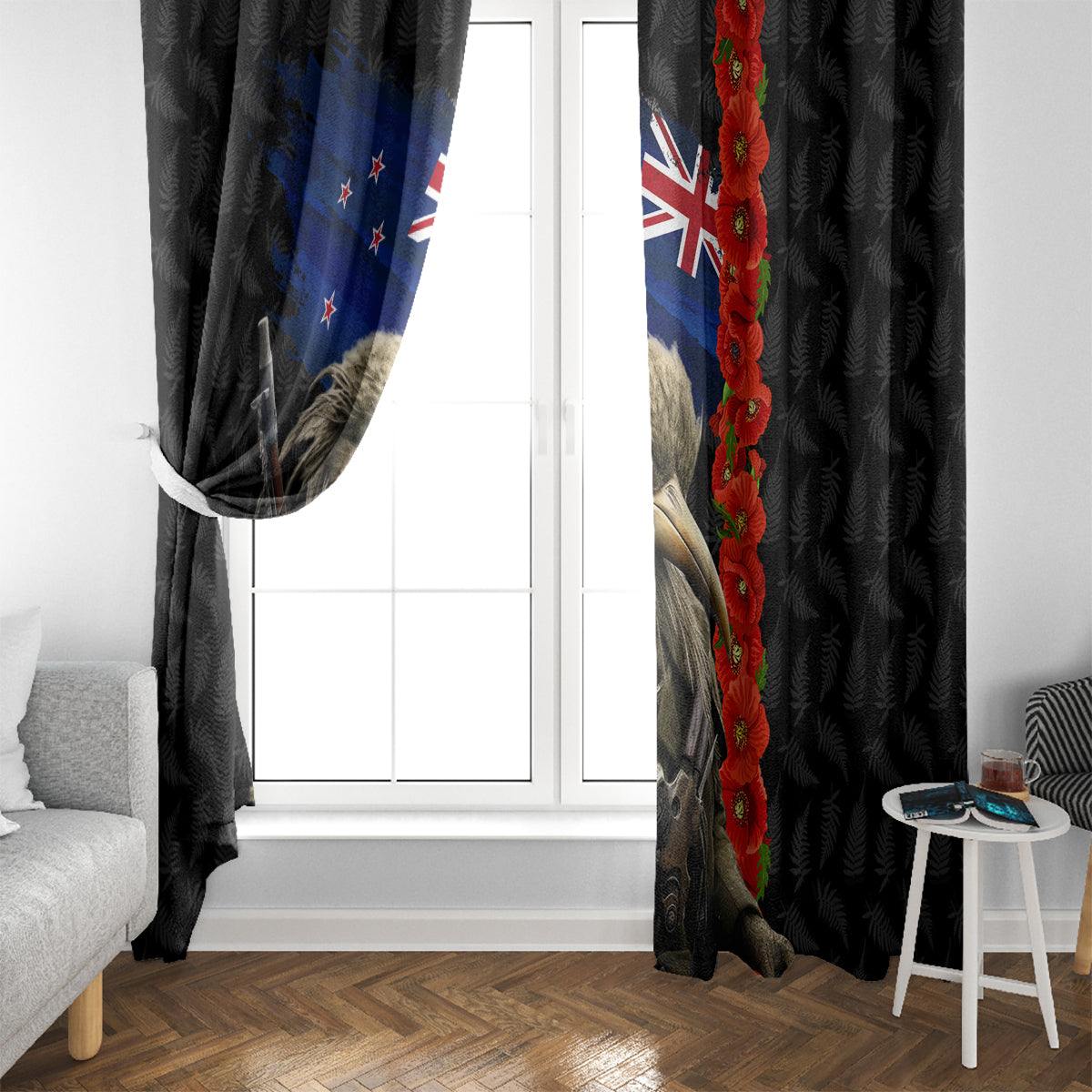 New Zealand Kiwi Soldier ANZAC Window Curtain Red Poppy Flower and Silver Fern Pattern