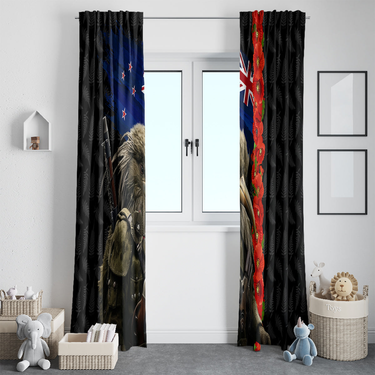 New Zealand Kiwi Soldier ANZAC Window Curtain Red Poppy Flower and Silver Fern Pattern