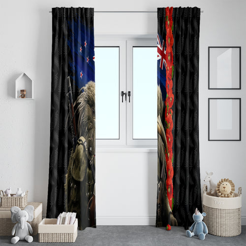 New Zealand Kiwi Soldier ANZAC Window Curtain Red Poppy Flower and Silver Fern Pattern