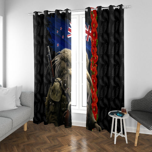 New Zealand Kiwi Soldier ANZAC Window Curtain Red Poppy Flower and Silver Fern Pattern