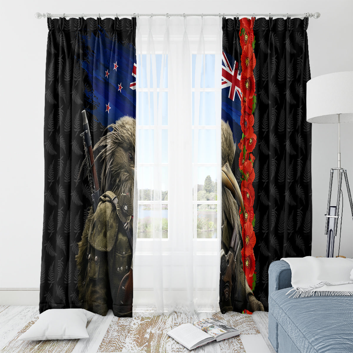New Zealand Kiwi Soldier ANZAC Window Curtain Red Poppy Flower and Silver Fern Pattern