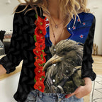 New Zealand Kiwi Soldier ANZAC Women Casual Shirt Red Poppy Flower and Silver Fern Pattern