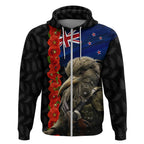 New Zealand Kiwi Soldier ANZAC Zip Hoodie Red Poppy Flower and Silver Fern Pattern