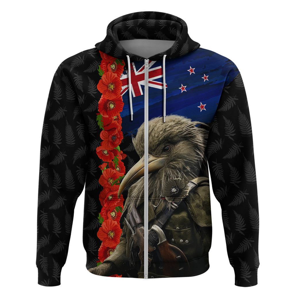 New Zealand Kiwi Soldier ANZAC Zip Hoodie Red Poppy Flower and Silver Fern Pattern