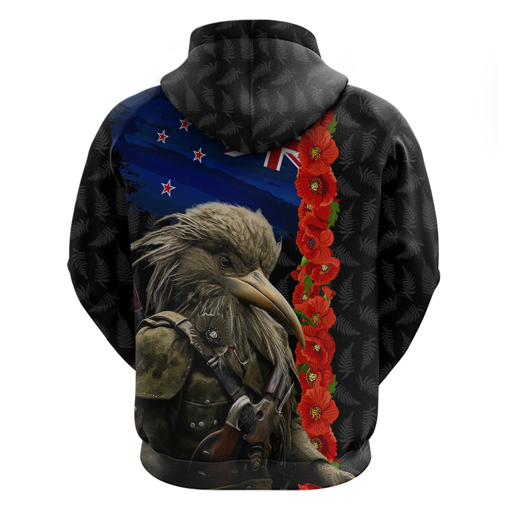 New Zealand Kiwi Soldier ANZAC Zip Hoodie Red Poppy Flower and Silver Fern Pattern