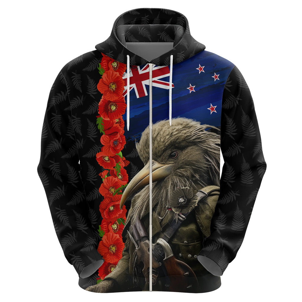 New Zealand Kiwi Soldier ANZAC Zip Hoodie Red Poppy Flower and Silver Fern Pattern