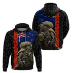 New Zealand Kiwi Soldier ANZAC Zip Hoodie Red Poppy Flower and Silver Fern Pattern