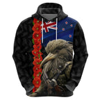 New Zealand Kiwi Soldier ANZAC Zip Hoodie Red Poppy Flower and Silver Fern Pattern