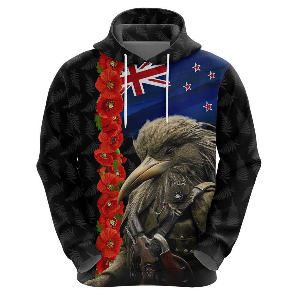 New Zealand Kiwi Soldier ANZAC Zip Hoodie Red Poppy Flower and Silver Fern Pattern