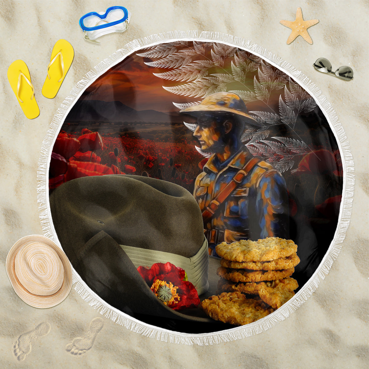 Slouch Hat and Biscuits ANZAC Beach Blanket with Soldier Silver Fern
