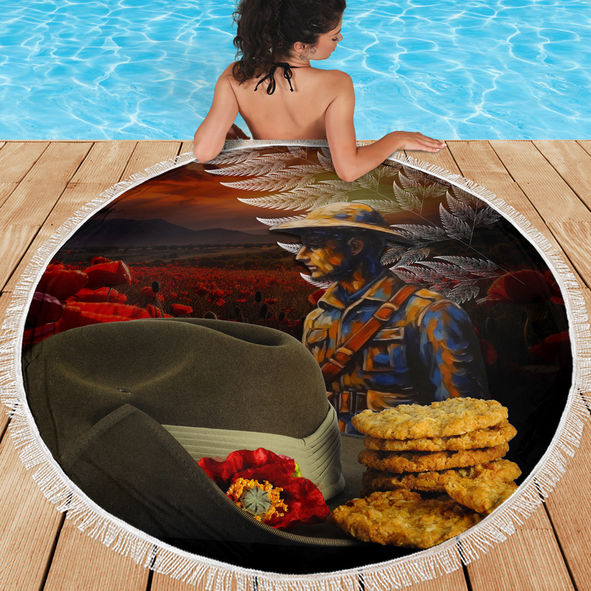 Slouch Hat and Biscuits ANZAC Beach Blanket with Soldier Silver Fern