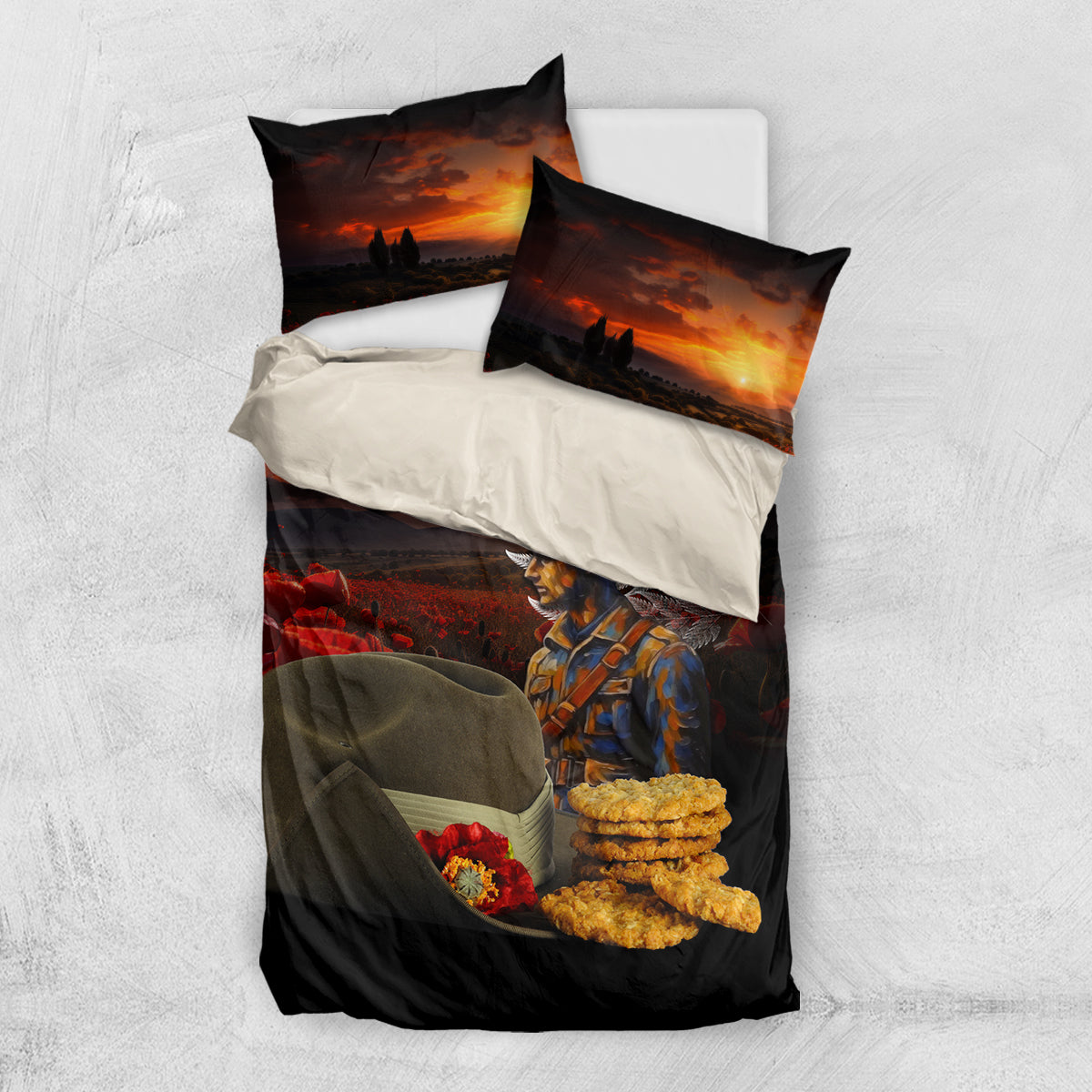 Slouch Hat and Biscuits ANZAC Bedding Set with Soldier Silver Fern