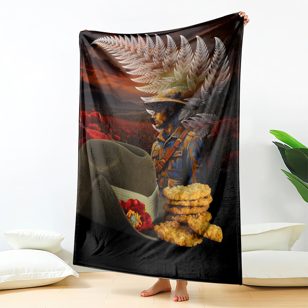 Slouch Hat and Biscuits ANZAC Blanket with Soldier Silver Fern