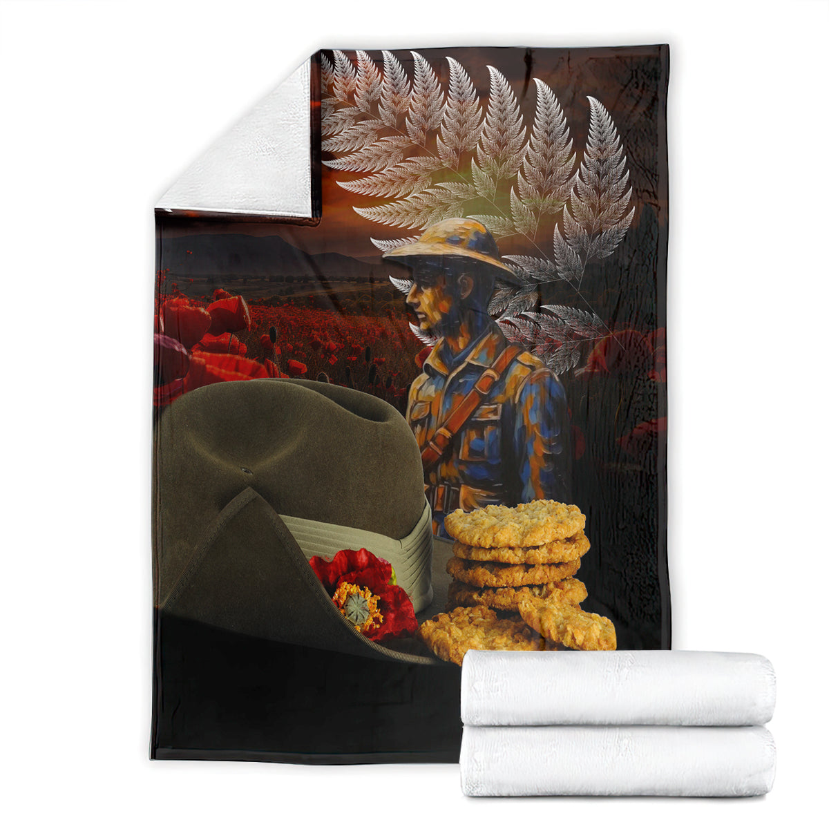 Slouch Hat and Biscuits ANZAC Blanket with Soldier Silver Fern