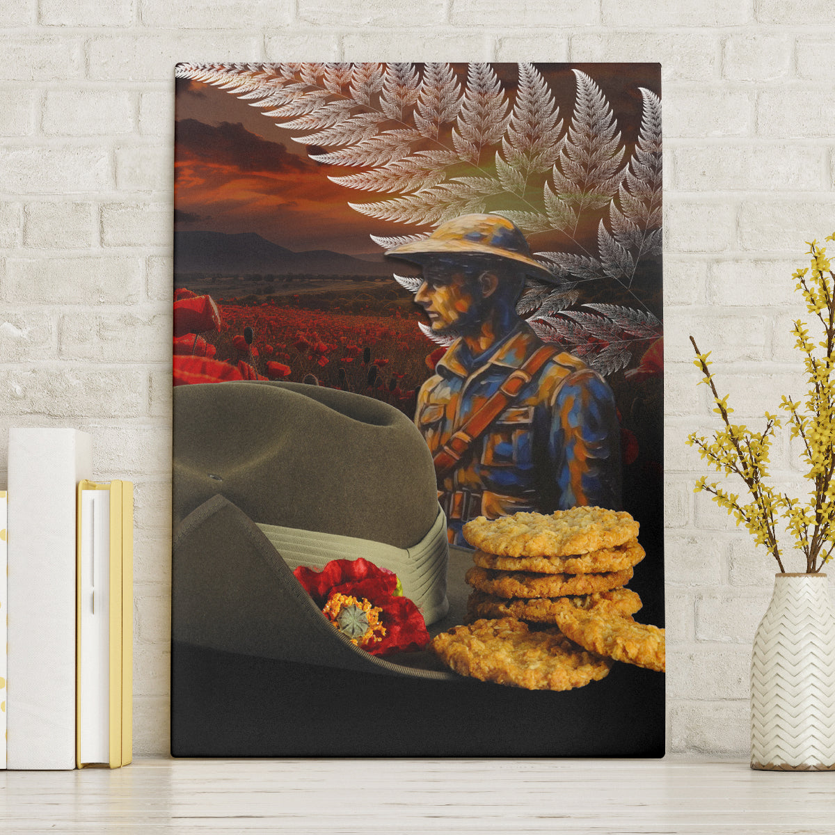 Slouch Hat and Biscuits ANZAC Canvas Wall Art with Soldier Silver Fern
