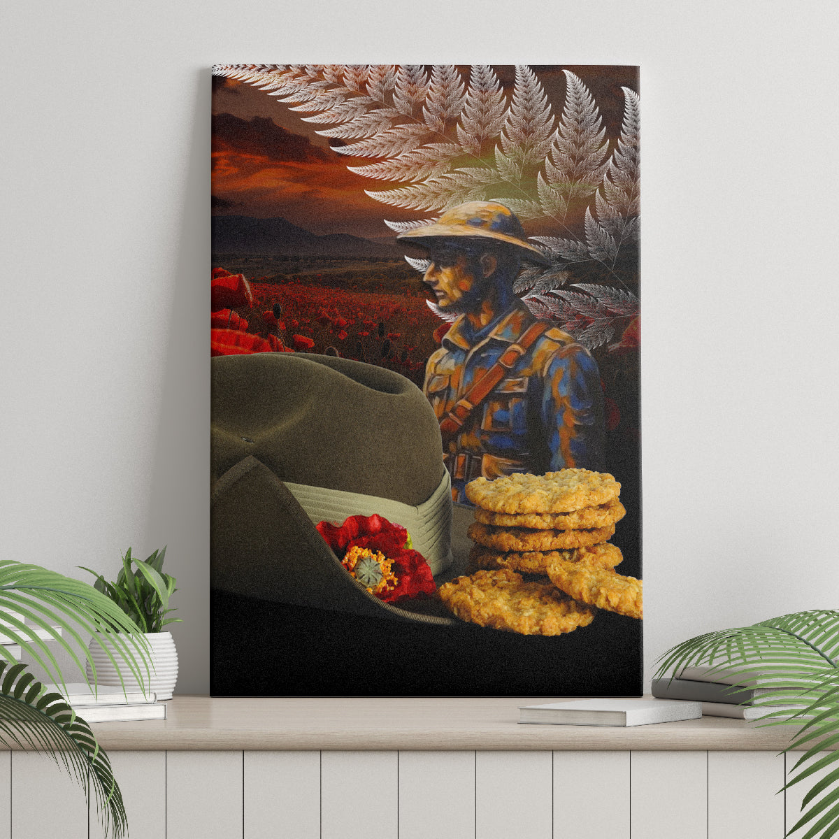 Slouch Hat and Biscuits ANZAC Canvas Wall Art with Soldier Silver Fern