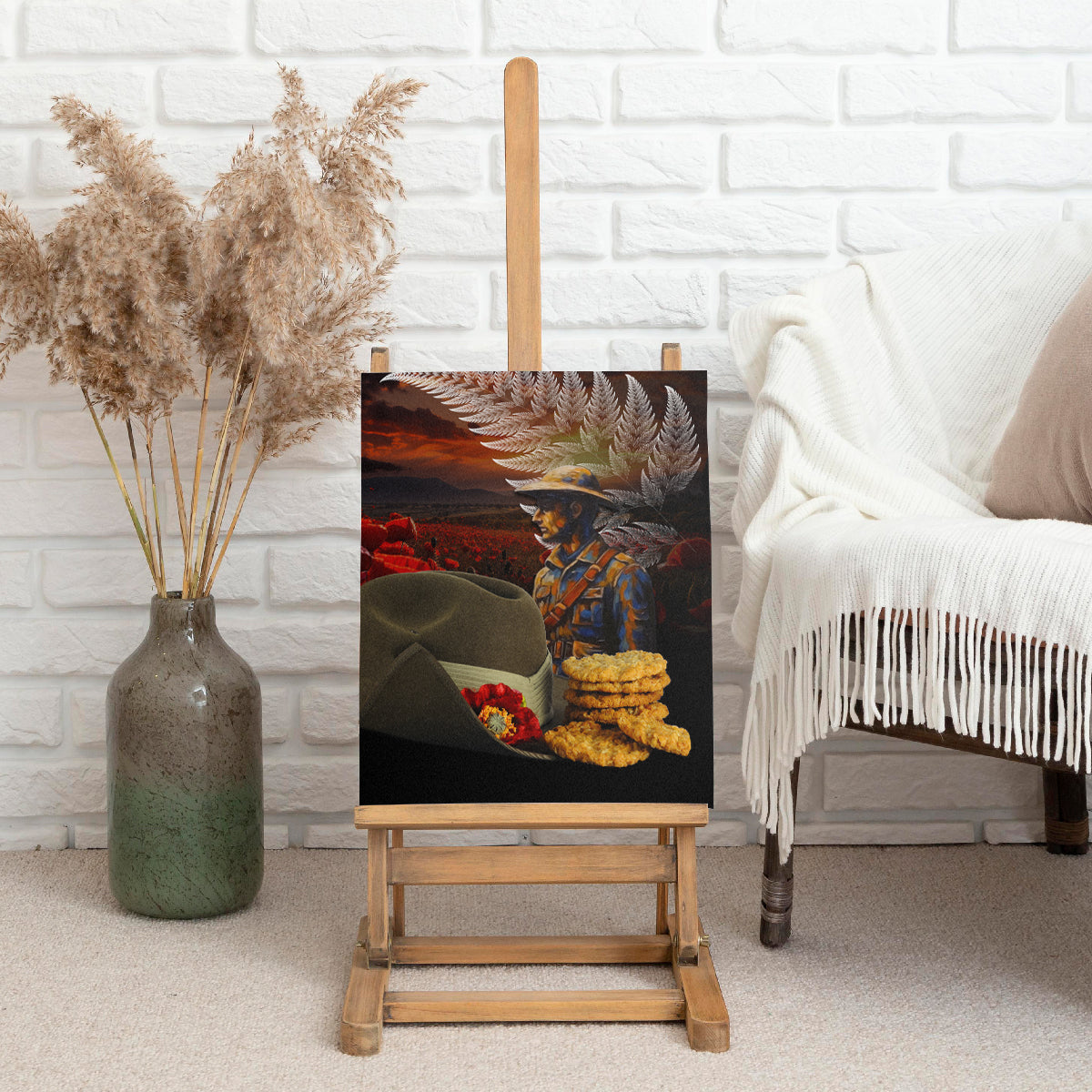 Slouch Hat and Biscuits ANZAC Canvas Wall Art with Soldier Silver Fern