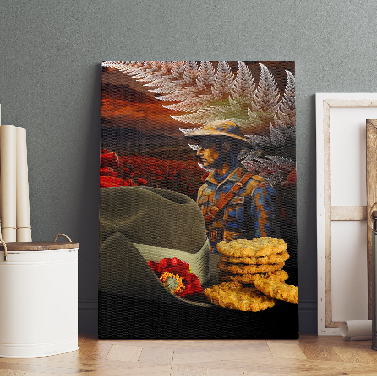 Slouch Hat and Biscuits ANZAC Canvas Wall Art with Soldier Silver Fern