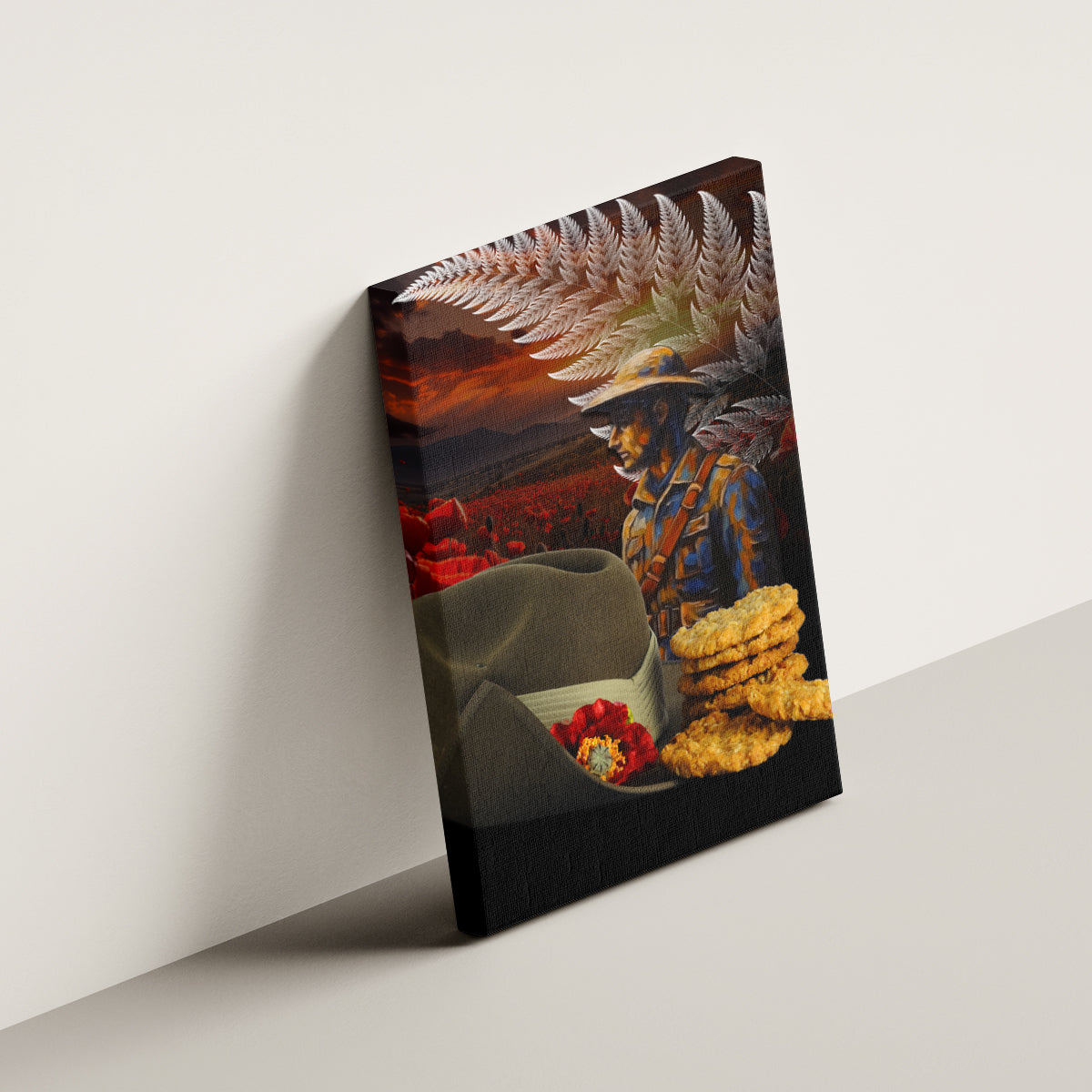 Slouch Hat and Biscuits ANZAC Canvas Wall Art with Soldier Silver Fern