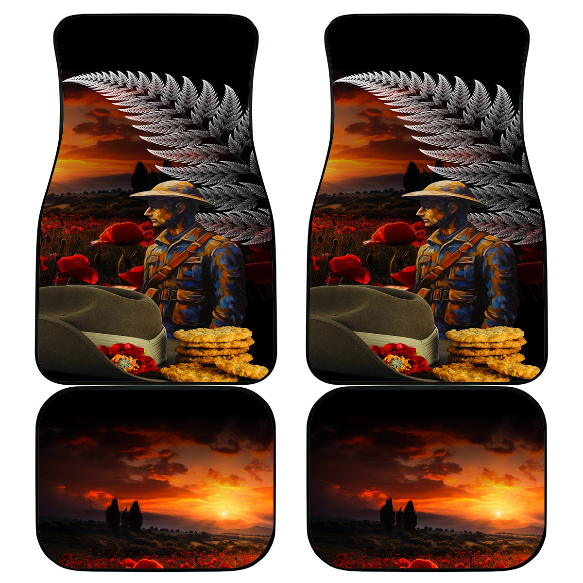 Slouch Hat and Biscuits ANZAC Car Mats with Soldier Silver Fern