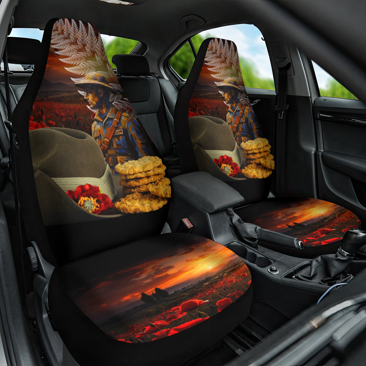 Slouch Hat and Biscuits ANZAC Car Seat Cover with Soldier Silver Fern