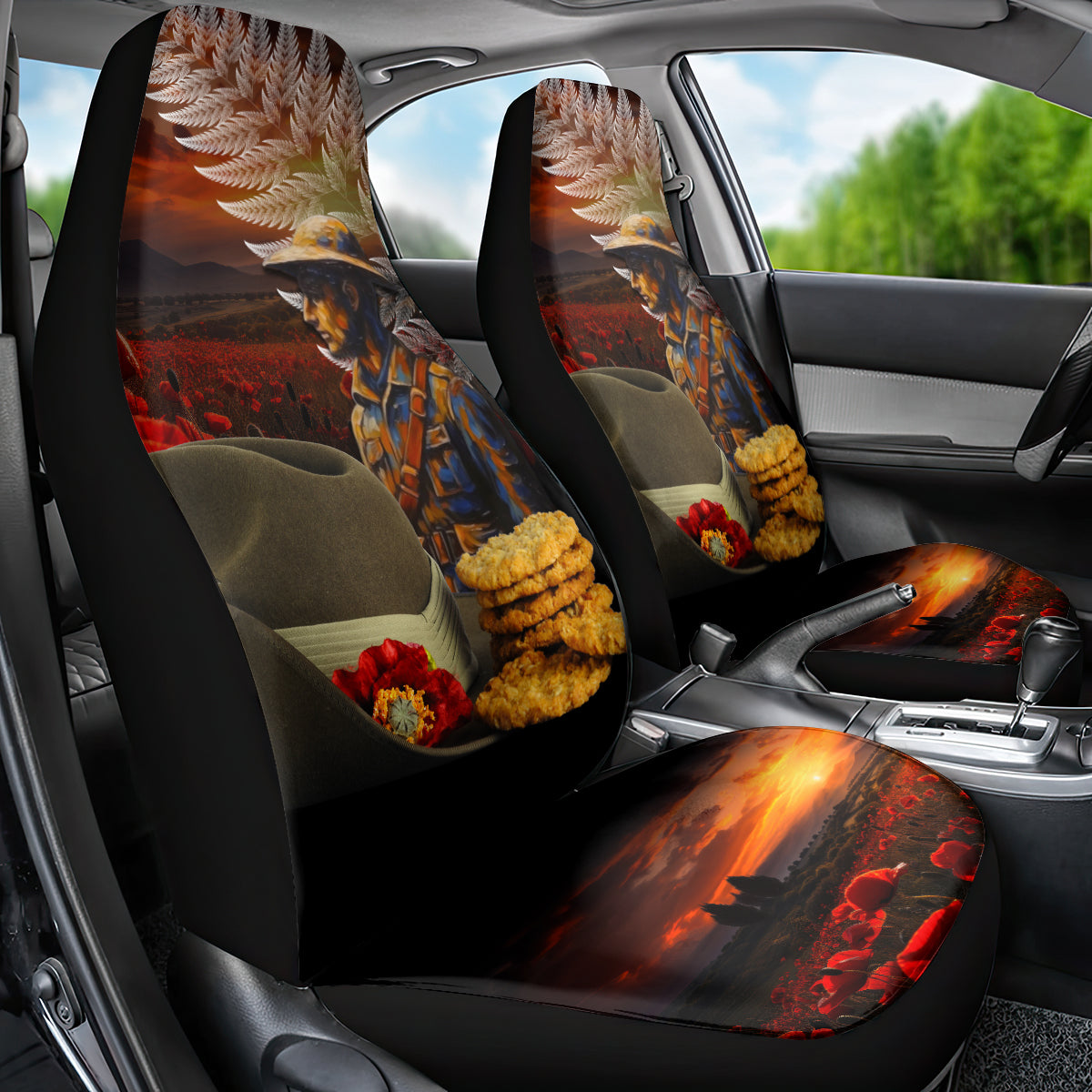 Slouch Hat and Biscuits ANZAC Car Seat Cover with Soldier Silver Fern