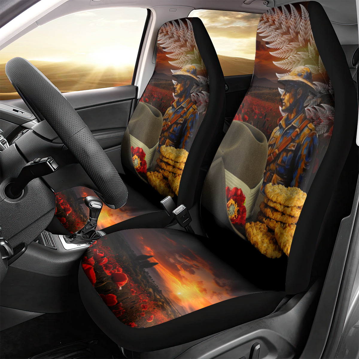 Slouch Hat and Biscuits ANZAC Car Seat Cover with Soldier Silver Fern