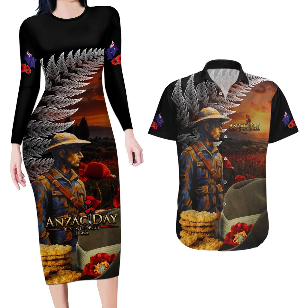 Slouch Hat and Biscuits ANZAC Couples Matching Long Sleeve Bodycon Dress and Hawaiian Shirt with Soldier Silver Fern