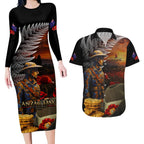 Slouch Hat and Biscuits ANZAC Couples Matching Long Sleeve Bodycon Dress and Hawaiian Shirt with Soldier Silver Fern