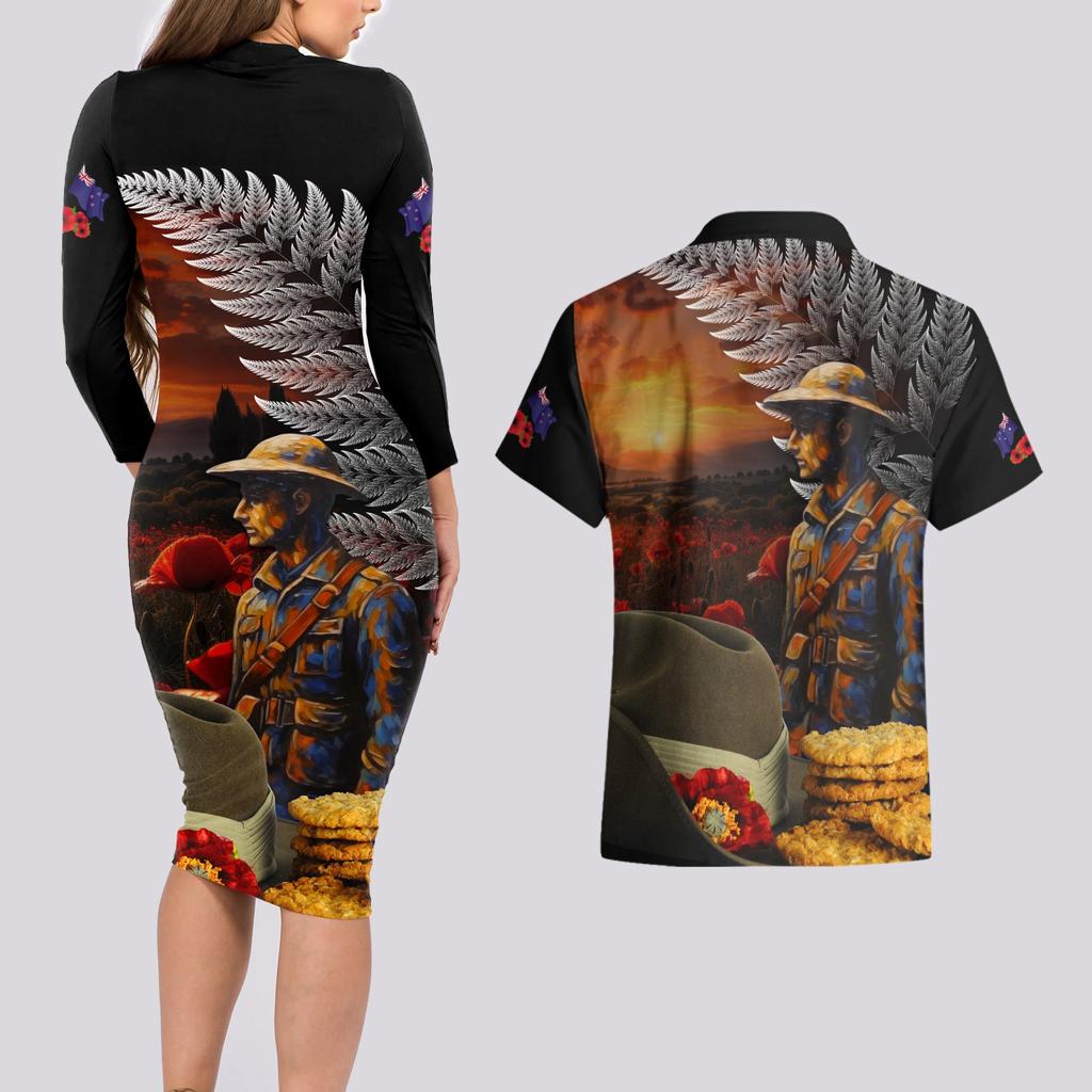 Slouch Hat and Biscuits ANZAC Couples Matching Long Sleeve Bodycon Dress and Hawaiian Shirt with Soldier Silver Fern
