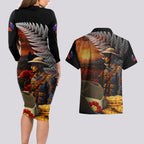 Slouch Hat and Biscuits ANZAC Couples Matching Long Sleeve Bodycon Dress and Hawaiian Shirt with Soldier Silver Fern