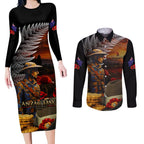 Slouch Hat and Biscuits ANZAC Couples Matching Long Sleeve Bodycon Dress and Long Sleeve Button Shirt with Soldier Silver Fern