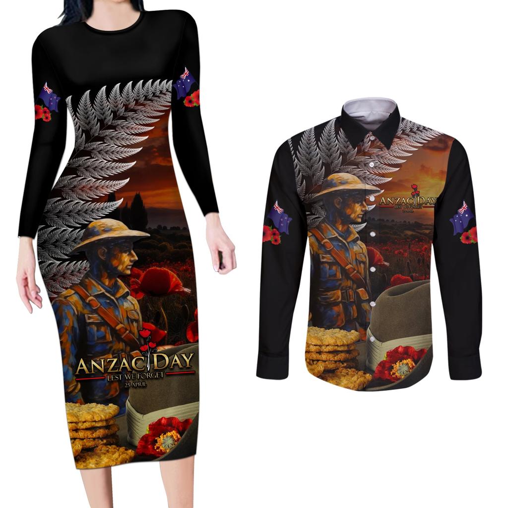 Slouch Hat and Biscuits ANZAC Couples Matching Long Sleeve Bodycon Dress and Long Sleeve Button Shirt with Soldier Silver Fern