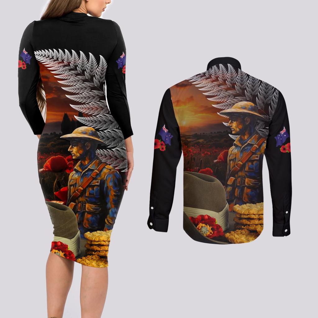 Slouch Hat and Biscuits ANZAC Couples Matching Long Sleeve Bodycon Dress and Long Sleeve Button Shirt with Soldier Silver Fern
