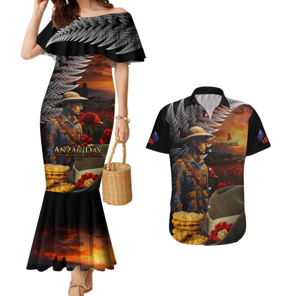 Slouch Hat and Biscuits ANZAC Couples Matching Mermaid Dress and Hawaiian Shirt with Soldier Silver Fern