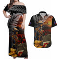 Slouch Hat and Biscuits ANZAC Couples Matching Off Shoulder Maxi Dress and Hawaiian Shirt with Soldier Silver Fern
