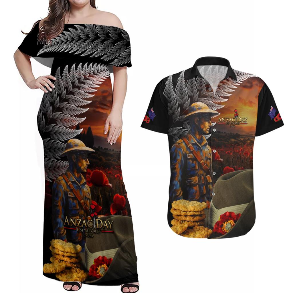 Slouch Hat and Biscuits ANZAC Couples Matching Off Shoulder Maxi Dress and Hawaiian Shirt with Soldier Silver Fern