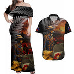 Slouch Hat and Biscuits ANZAC Couples Matching Off Shoulder Maxi Dress and Hawaiian Shirt with Soldier Silver Fern