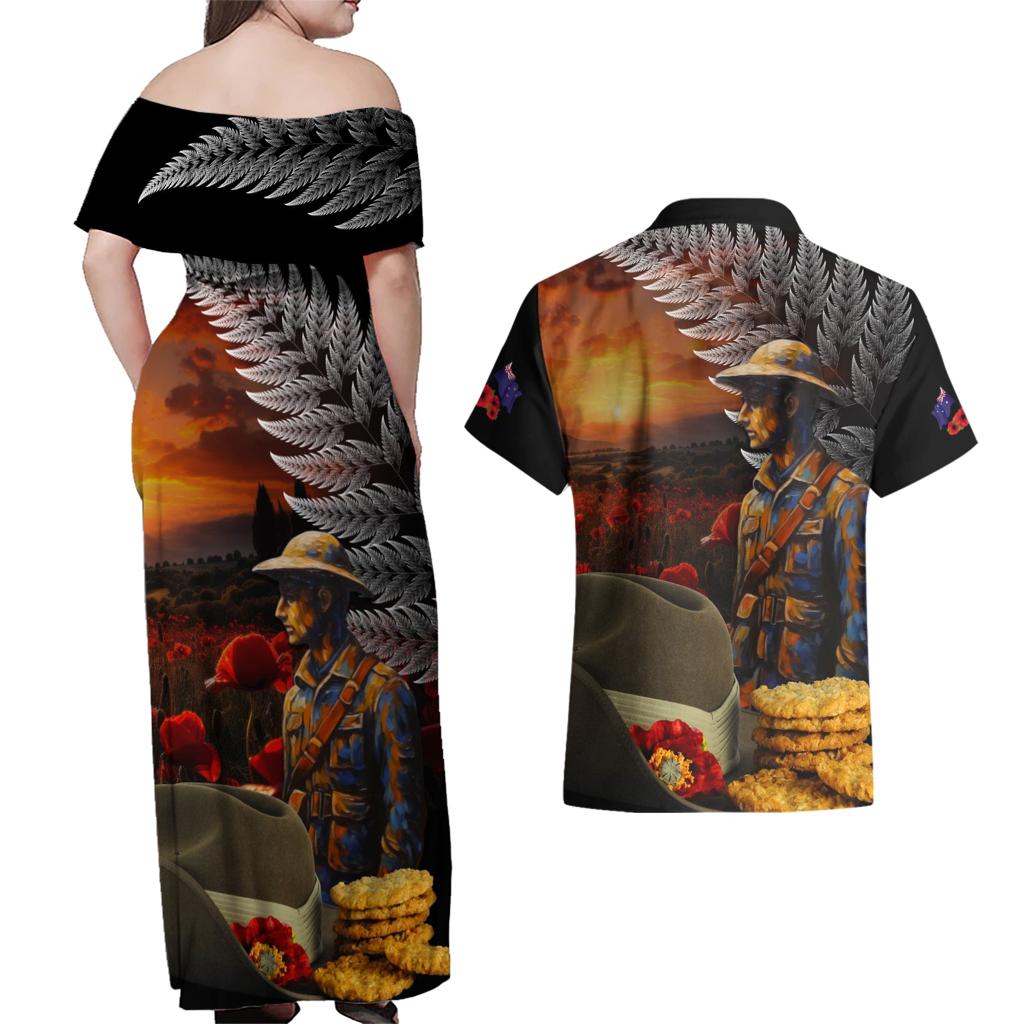 Slouch Hat and Biscuits ANZAC Couples Matching Off Shoulder Maxi Dress and Hawaiian Shirt with Soldier Silver Fern