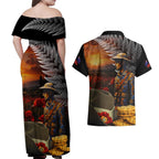 Slouch Hat and Biscuits ANZAC Couples Matching Off Shoulder Maxi Dress and Hawaiian Shirt with Soldier Silver Fern