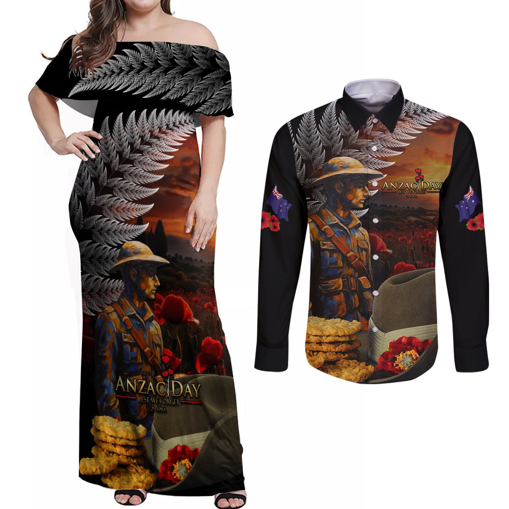 Slouch Hat and Biscuits ANZAC Couples Matching Off Shoulder Maxi Dress and Long Sleeve Button Shirt with Soldier Silver Fern