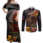 Slouch Hat and Biscuits ANZAC Couples Matching Off Shoulder Maxi Dress and Long Sleeve Button Shirt with Soldier Silver Fern