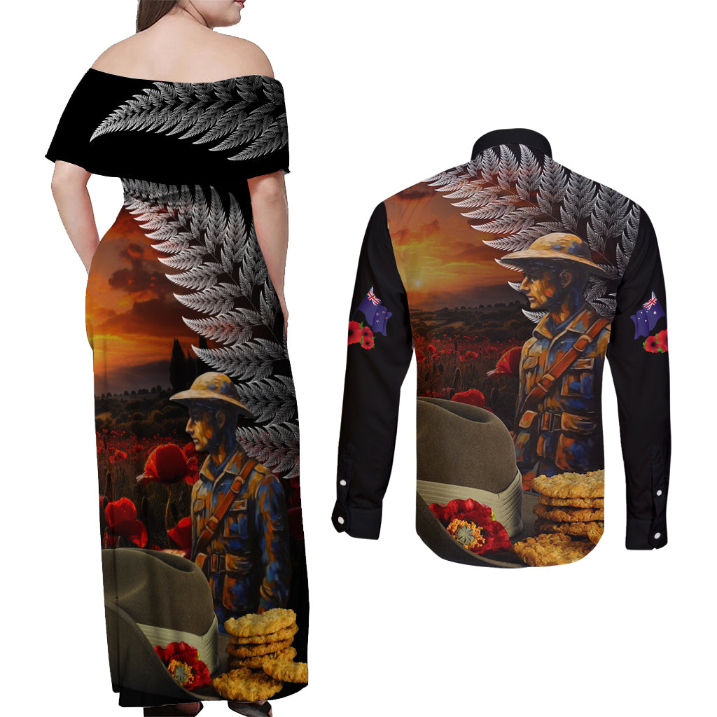 Slouch Hat and Biscuits ANZAC Couples Matching Off Shoulder Maxi Dress and Long Sleeve Button Shirt with Soldier Silver Fern