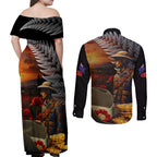 Slouch Hat and Biscuits ANZAC Couples Matching Off Shoulder Maxi Dress and Long Sleeve Button Shirt with Soldier Silver Fern