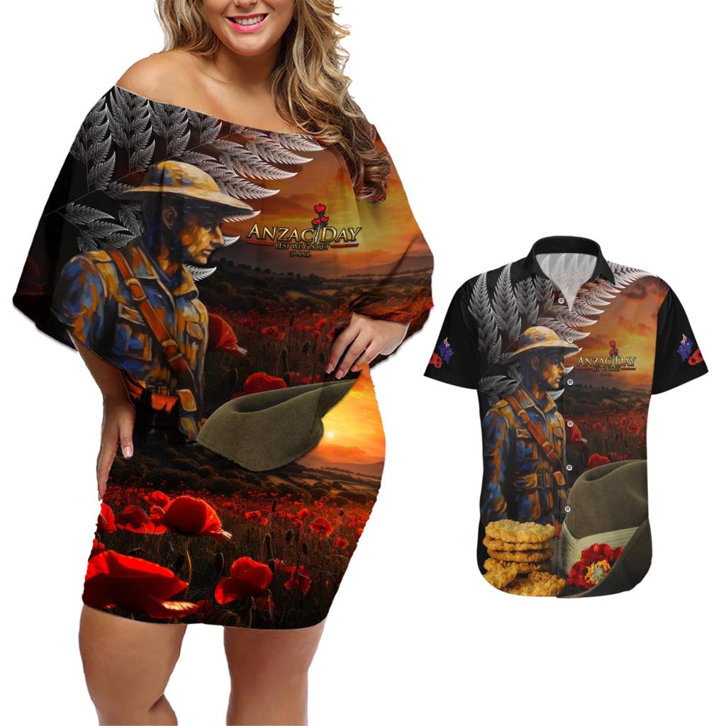 Slouch Hat and Biscuits ANZAC Couples Matching Off Shoulder Short Dress and Hawaiian Shirt with Soldier Silver Fern