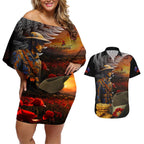 Slouch Hat and Biscuits ANZAC Couples Matching Off Shoulder Short Dress and Hawaiian Shirt with Soldier Silver Fern