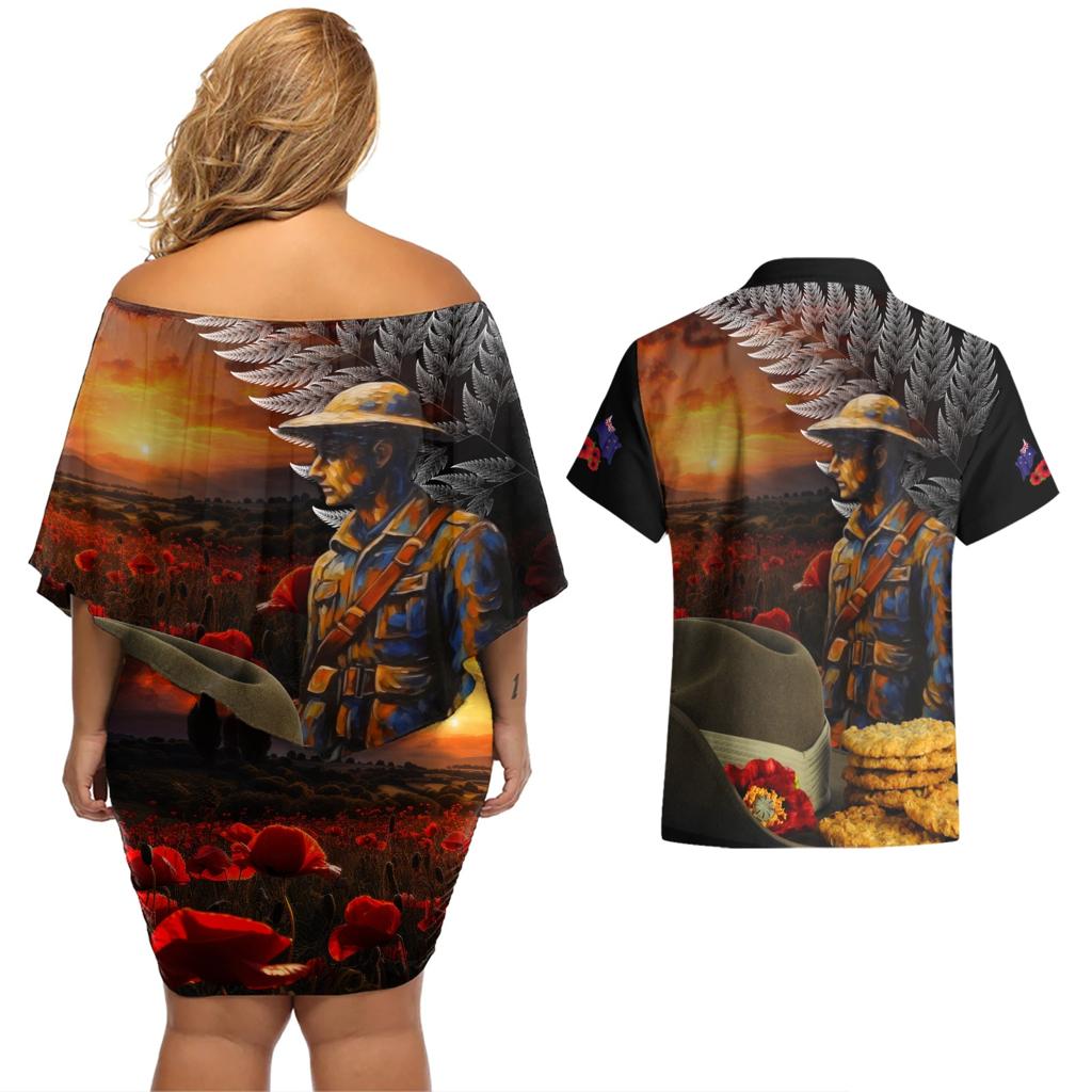Slouch Hat and Biscuits ANZAC Couples Matching Off Shoulder Short Dress and Hawaiian Shirt with Soldier Silver Fern